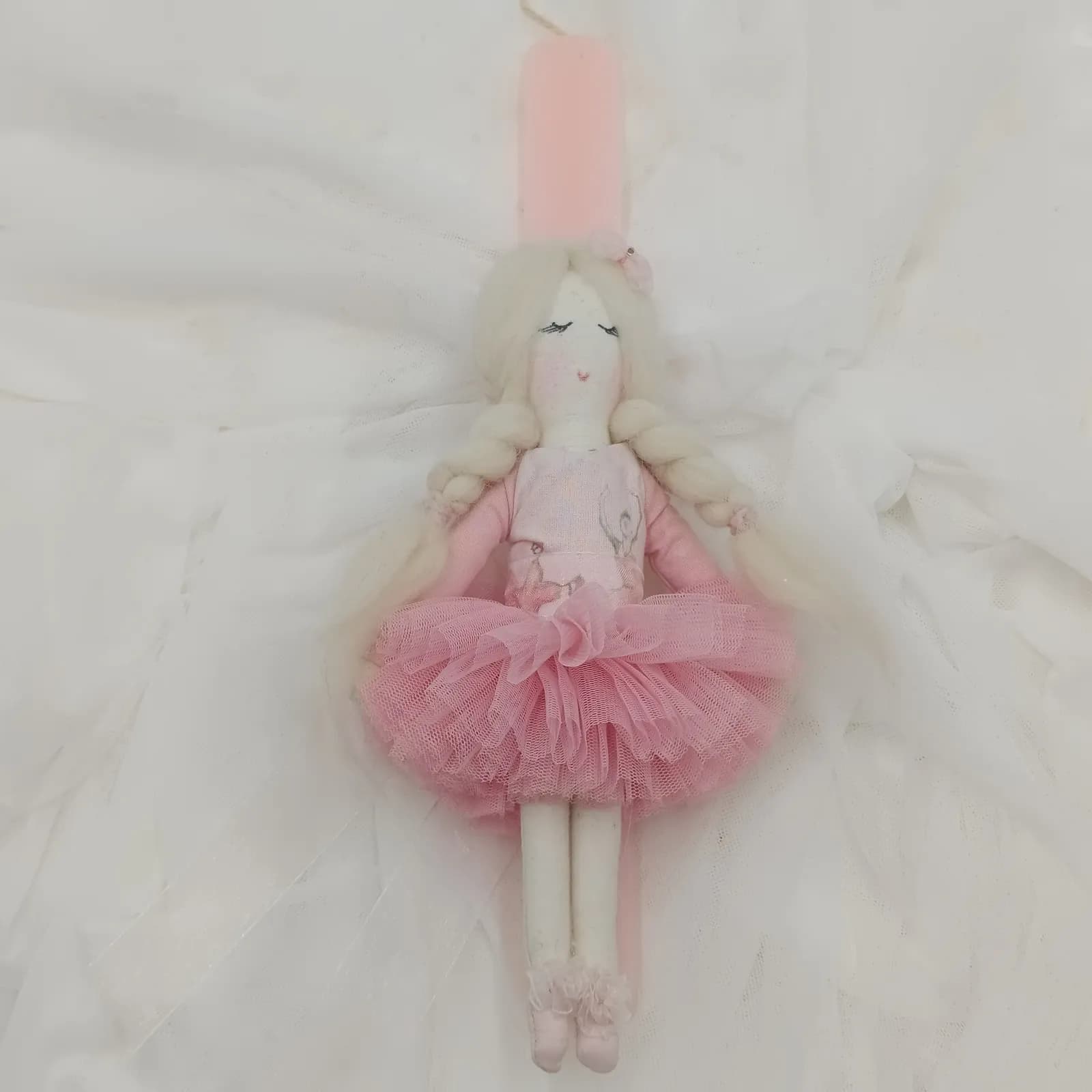 Χειροποίητη Πασχαλινή Λαμπάδα "Pink Braid Fairy" – Με Μίνι Κούκλα